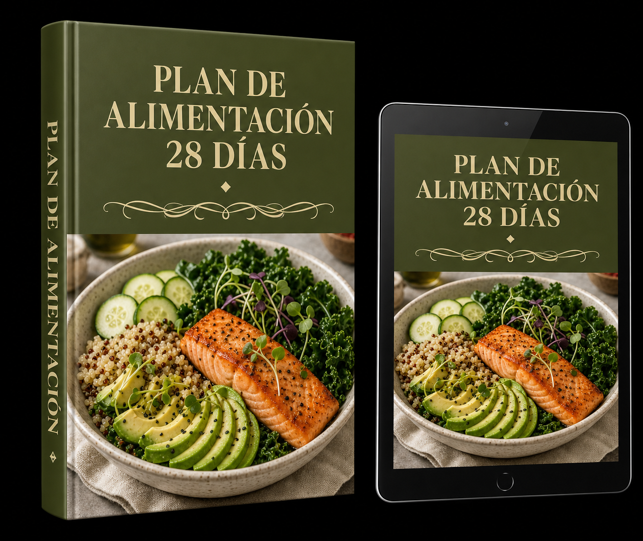 Mockup del eBook Plan de Alimentación en libro y tablet