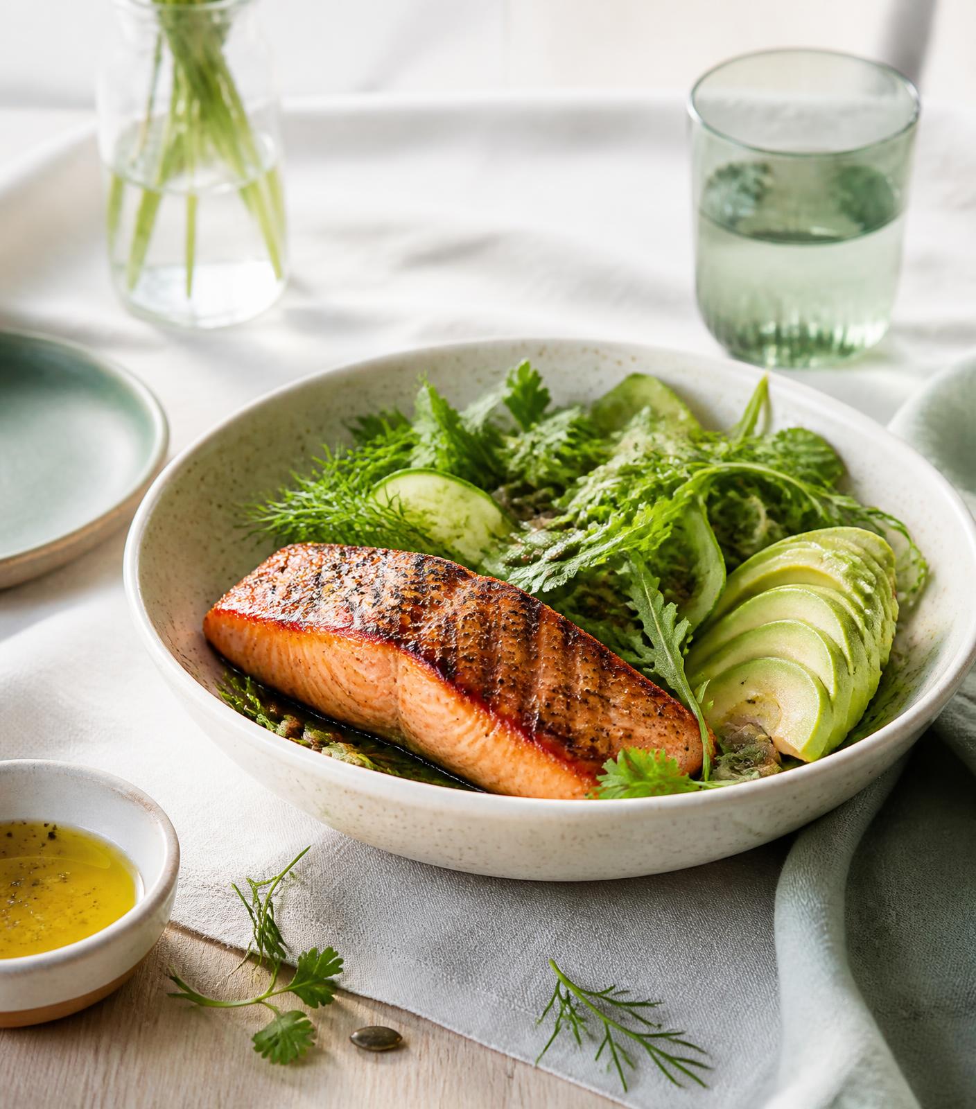 Bowl de salmón con ensalada verde sobre mesa de madera clara