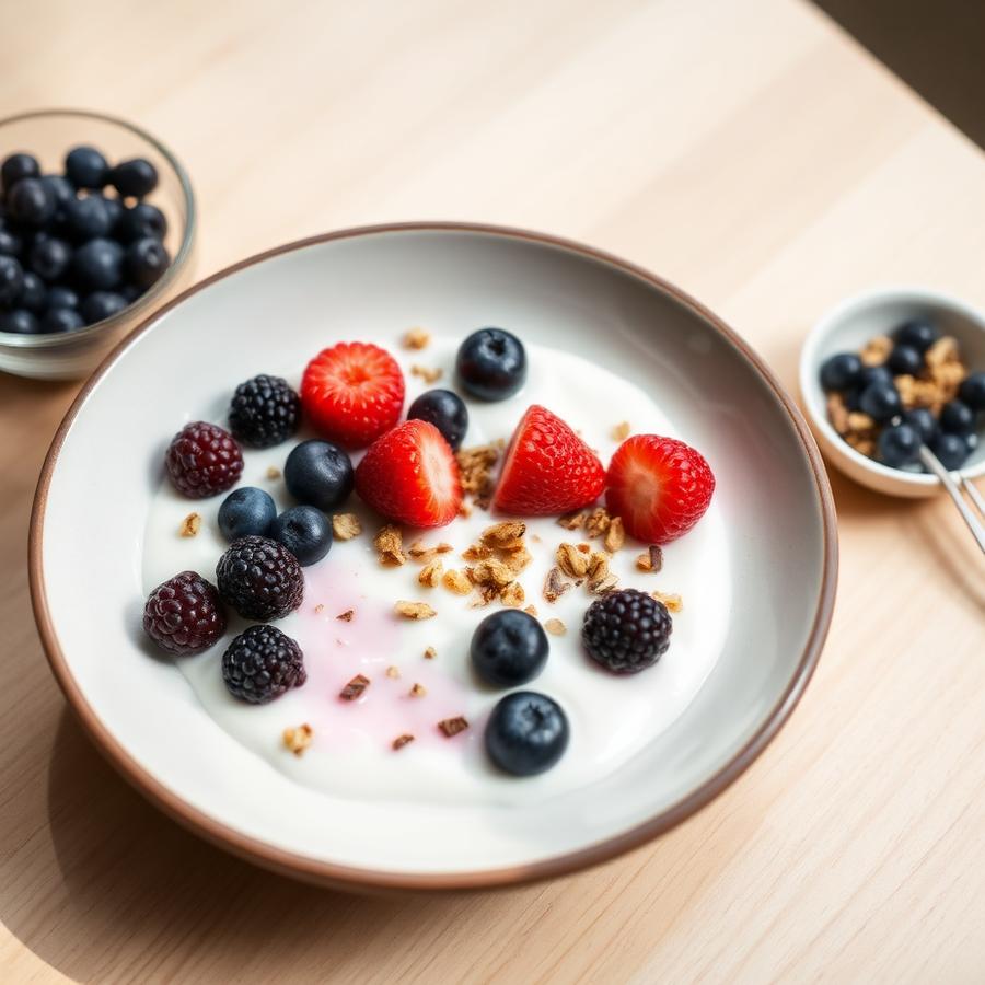 Yogur natural con frutos rojos y granola